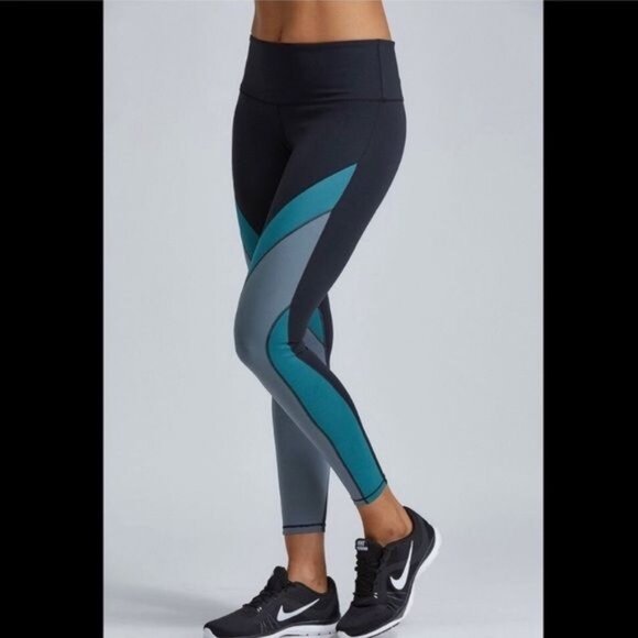 Noli Contrast Print Leggings Black With Teal & Grey Panels - Picture 1 of 4